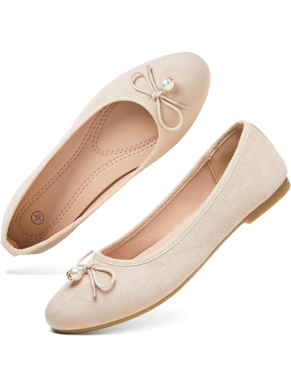 Women's Beige Velvet Elegant Round Toe Ballet Flats Bow Pearl Comfortable Shoes